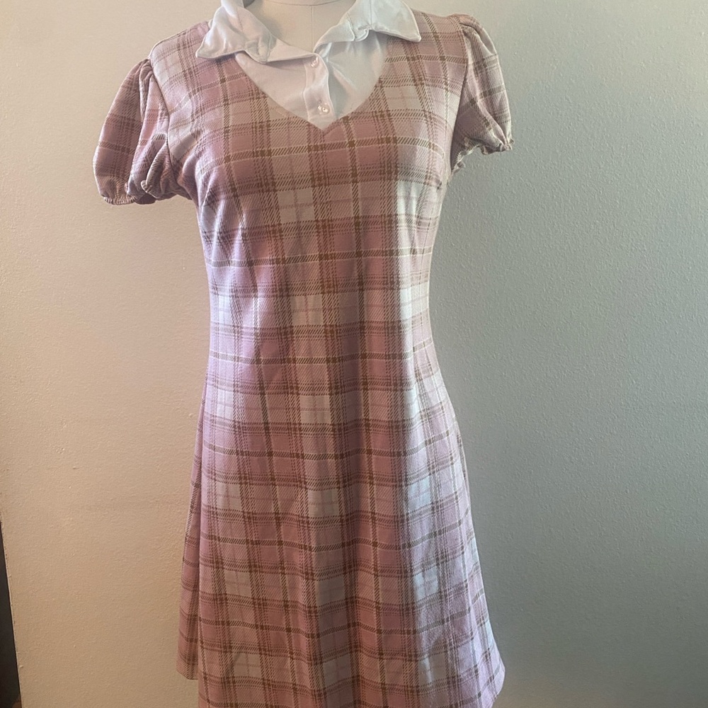 Planet Gold Pink Plaid Mini Dress with White Collar 90s Y2K preppy vibes pastel